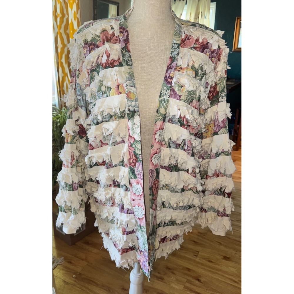 Vtg Paula Sweet Muslin Mink Floral Frayed Cardigan Jacket S Boho Hippie Artsy